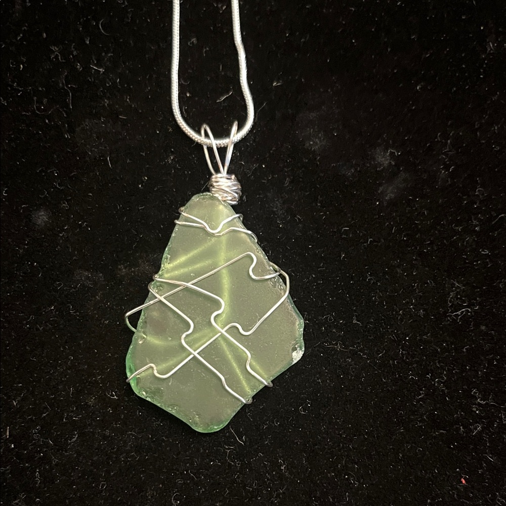 Handmade New England Green Sea Glass Wire-Wrap Pendant Necklace
